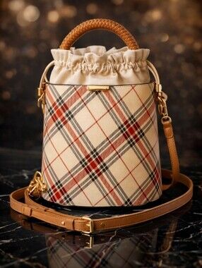 Unique Plaid Saffiano Texture Faux Leather and Linen Drawstring Bucket Bag